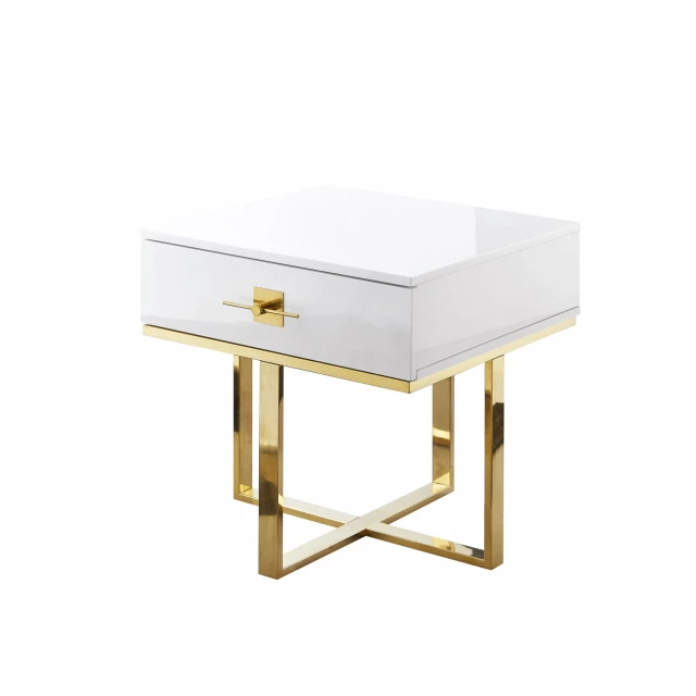 Gold white end table with drawer in hardwood finish