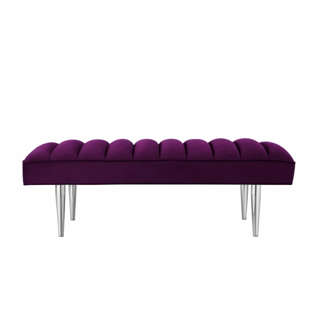 alt=Purple silver upholstered velvet bench with comfortable magenta cushion for outdoor furniture