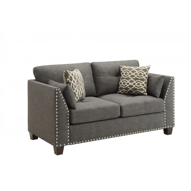 Brown polyester blend loveseat with toss pillows and comfortable armrests