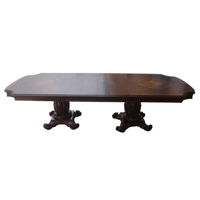 Cherry dining table with wood carving details and black rectangle coffee table design
