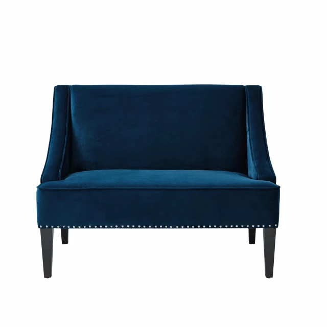 Navy blue brown upholstered velvet bench with wood accents and comfortable rectangle design