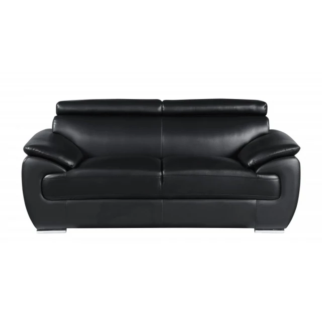 Black silver faux leather love seat with comfortable armrests and rectangle design suitable for outdoor use