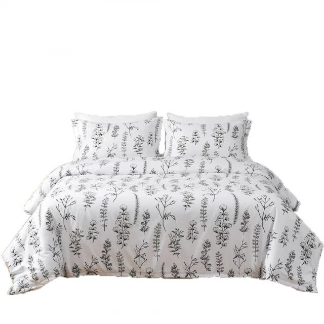 Grey thread count machine washable duvet cover with pillow and plant design