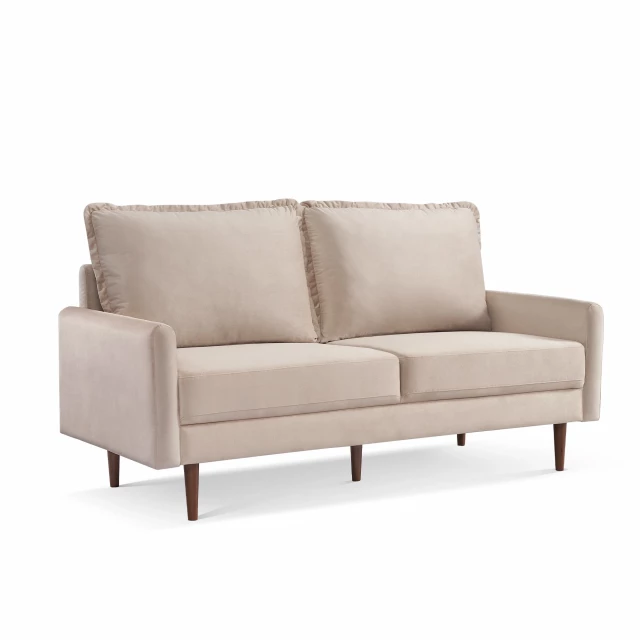 Beige velvet dark brown sofa with comfortable rectangle studio couch design and wooden outdoor furniture elements