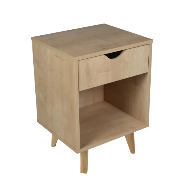 Natural wooden nightstand with drawer and varnished hardwood finish