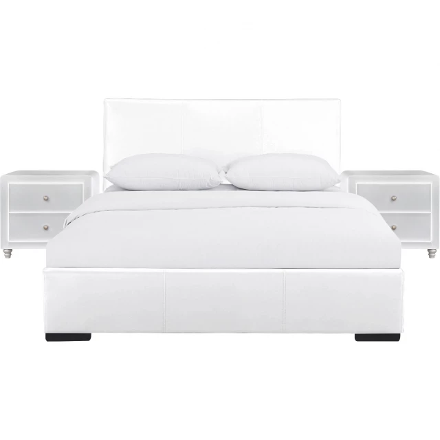 wood white standard bed with upholstered headboard