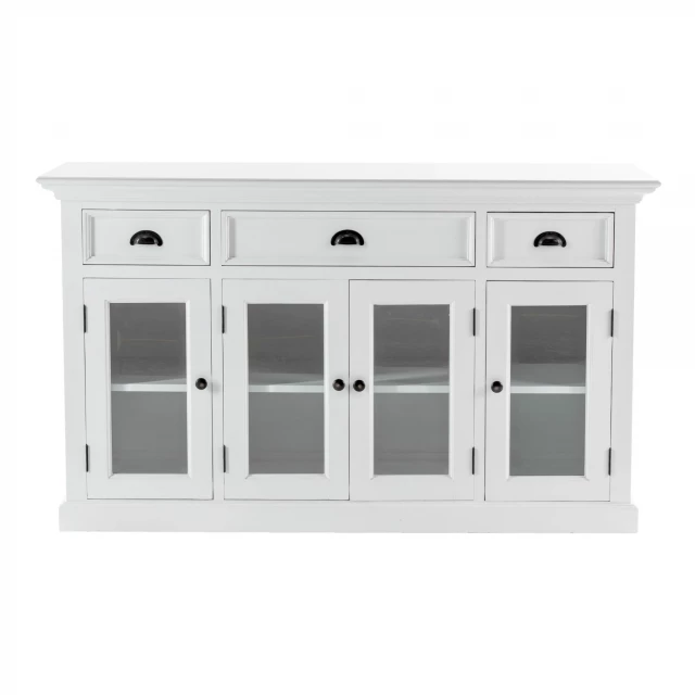Modern farmhouse white buffet server with furniture and tableware details