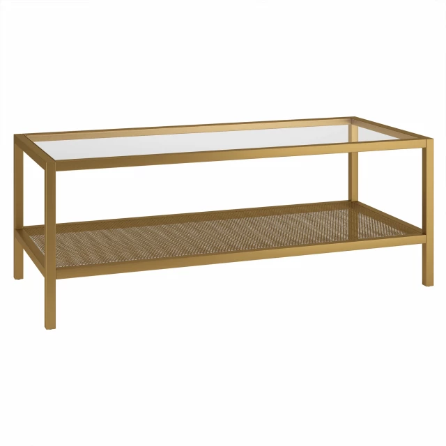 Gold glass steel coffee table with lower shelf and hardwood details