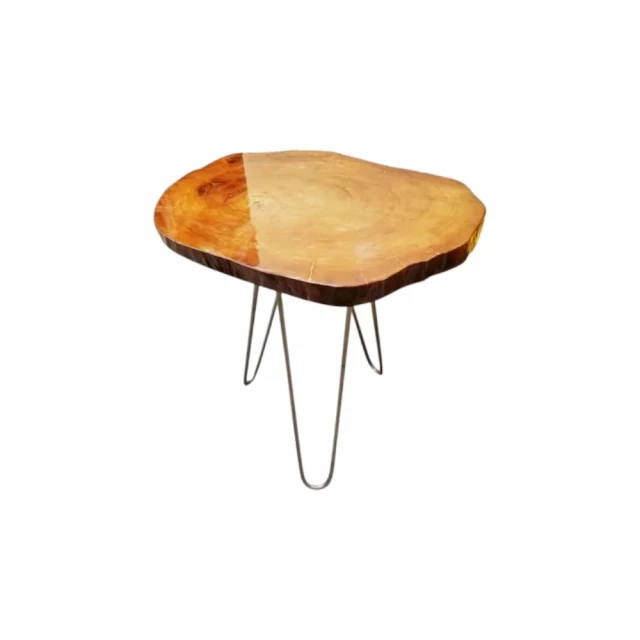 wood live edge metal end table with chairs and outdoor furniture setting