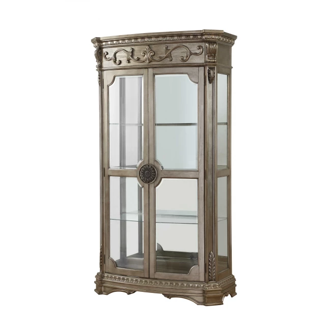 Antique champagne curio cabinet with rectangle shape metal wood glass facade art arch design