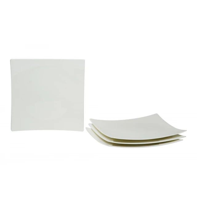 Bone china service for six with dinner plates featuring rectangle and circle shapes serveware and metal accents