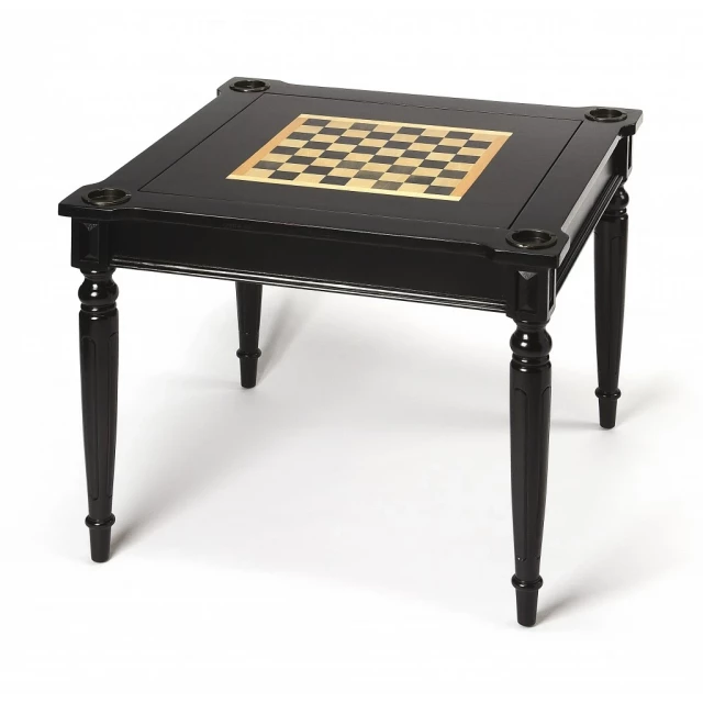 Black manufactured wood square coffee table with chairs and composite materials