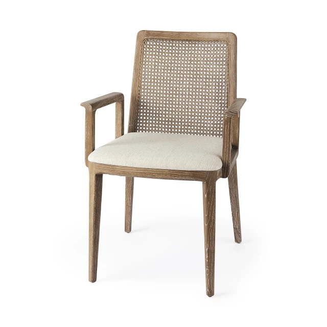 Natural cream upholstery cane dining armchair with wood armrests and hardwood for comfort