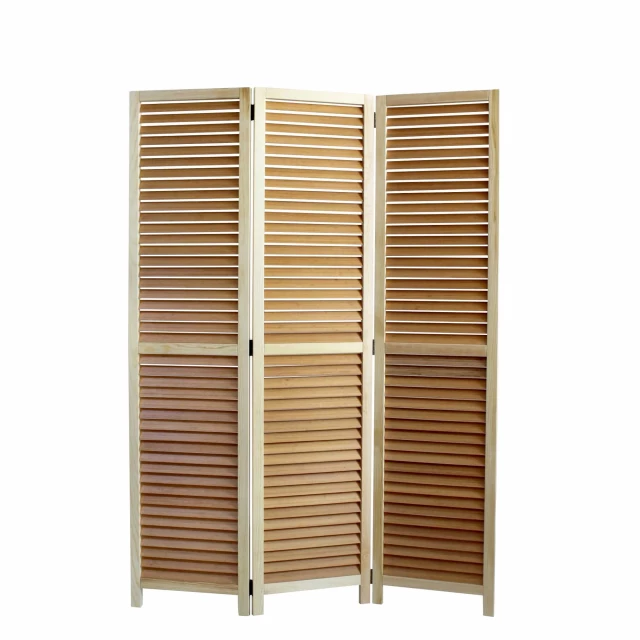 Natural wood screen panel with rectangular design and metal accents for home decor