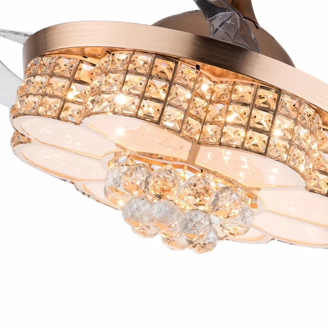 art deco glam chandelier retractable fan with gold accents and natural materials