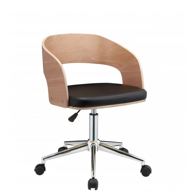 black faux leather office desk chair with wheels and armrests