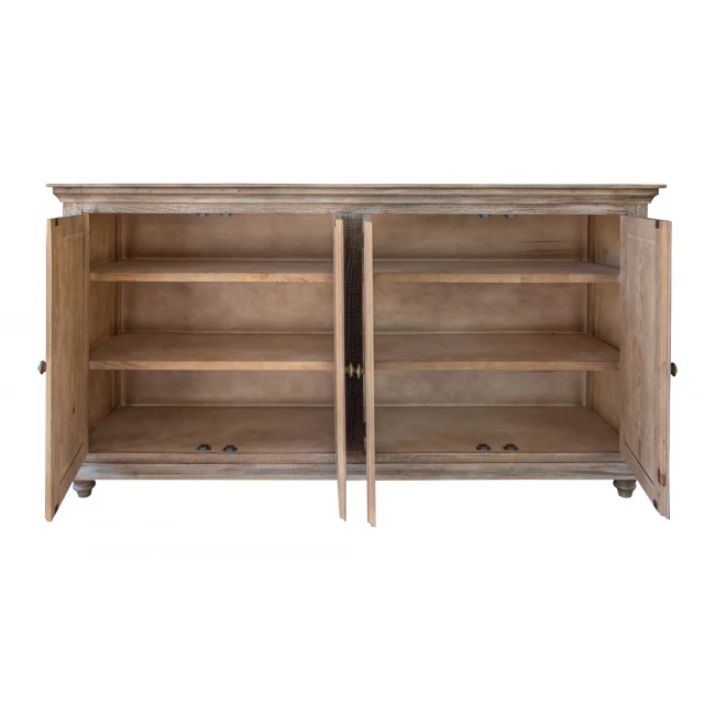 Sand solid manufactured wood distressed credenza with brown shelving and wood stain details