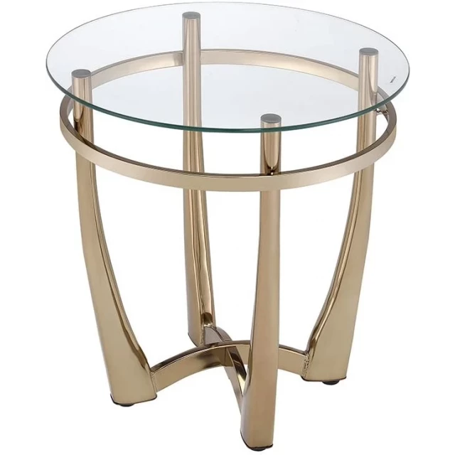 Clear glass round mirrored end table with metal and wood details