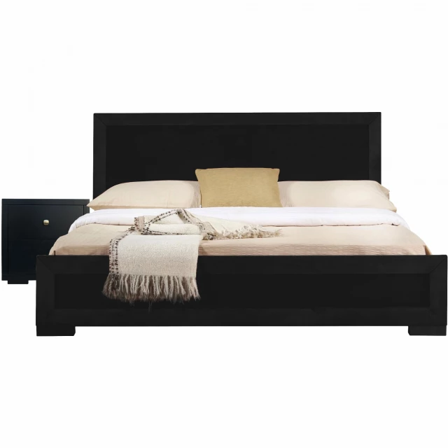 Black wood platform full bed with matching nightstand for modern bedroom furniture