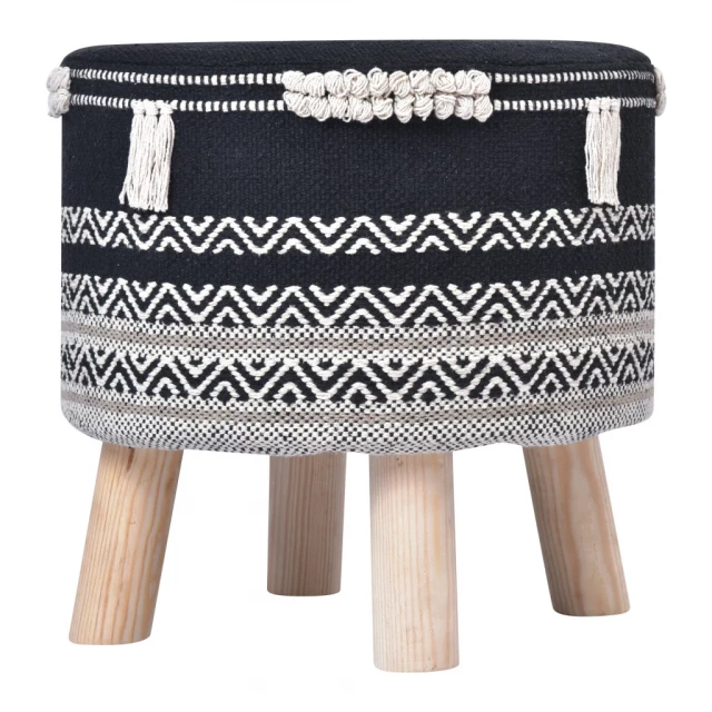 White cotton natural round chevron ottoman with patterned detail