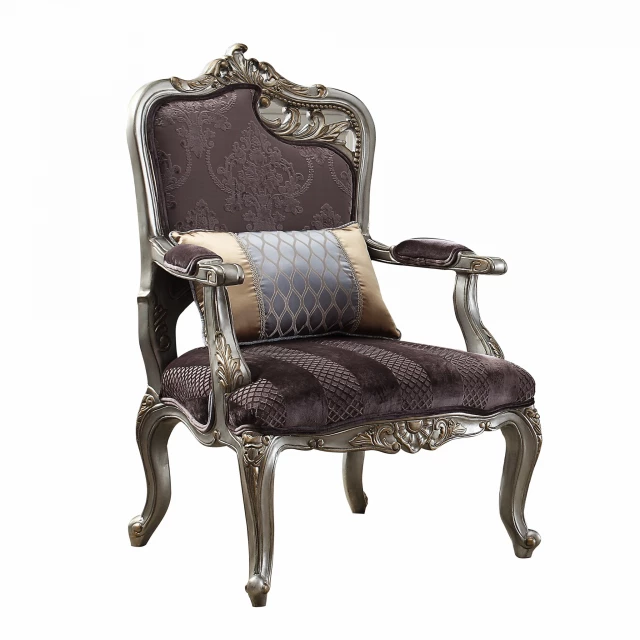 Velvet antique platinum finish chair with armrests and wood accents for comfortable seating