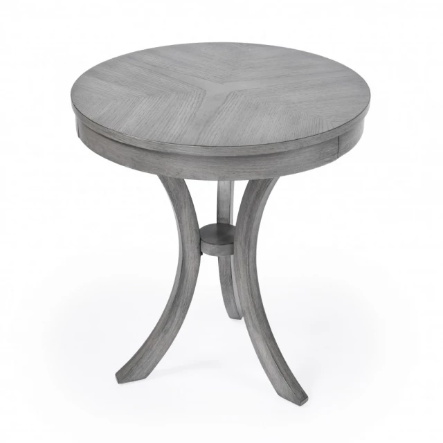 Gray manufactured wood round end table with wood stain finish suitable as outdoor furniture