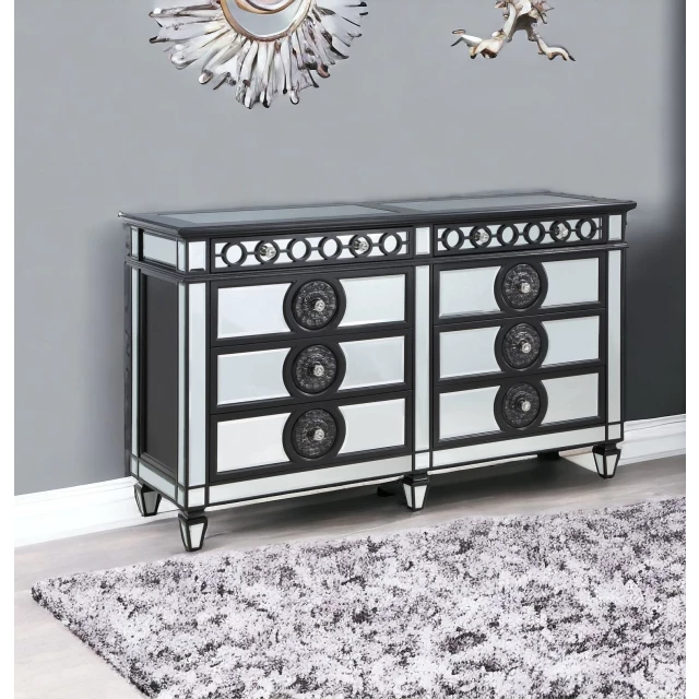 Wood mirrored six-drawer double dresser for elegant bedroom storage