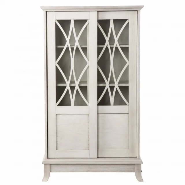 White standard accent cabinet with eight shelves wood cabinetry and glass door