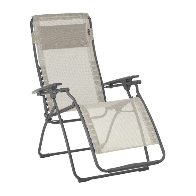 Beige gray metal zero gravity chair for outdoor relaxation and comfort