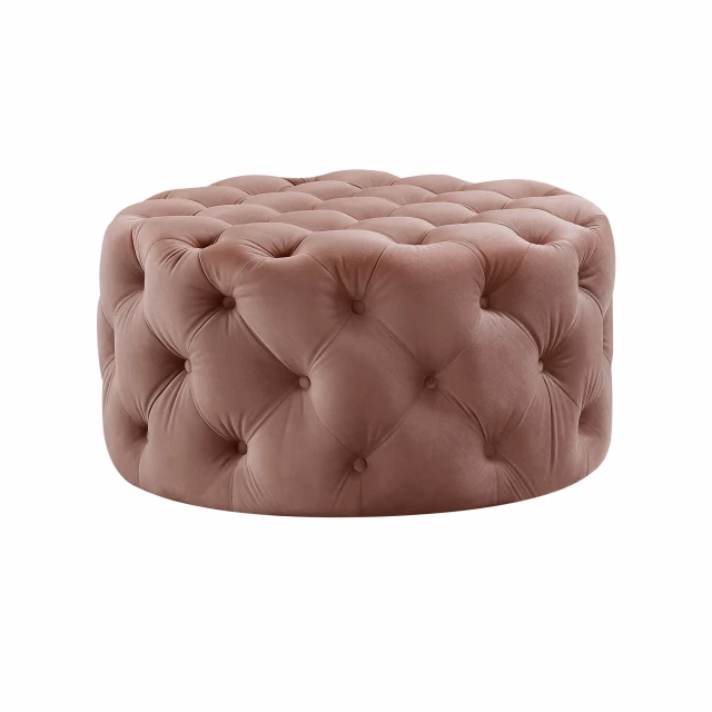 Black rolling tufted round cocktail ottoman with comfortable plush top and creative arts design