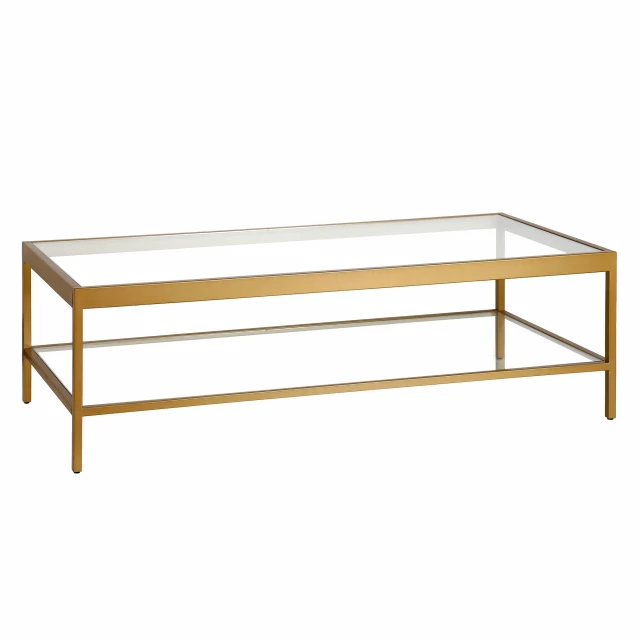 Gold glass steel coffee table with shelf and wood plank details in furniture design