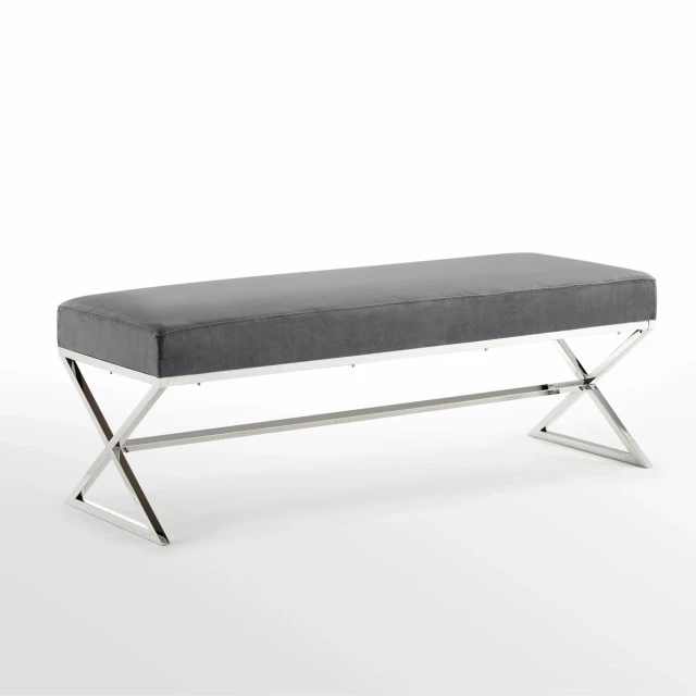 Gray silver upholstered velvet bench with wood and metal accents