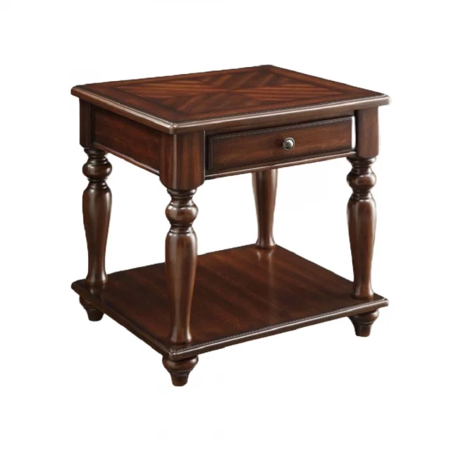 Wood rectangular end table with drawer and shelf