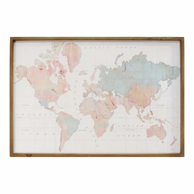 world map wood framed wall art with atlas pattern and decorative font