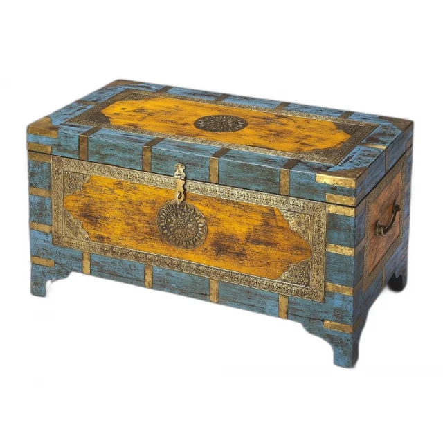 Brass inlay solid wood storage trunk with metal accents and hardwood finish