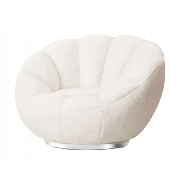 Sherpa silver clamshell swivel barrel chair with beige upholstery and artistic comfort design