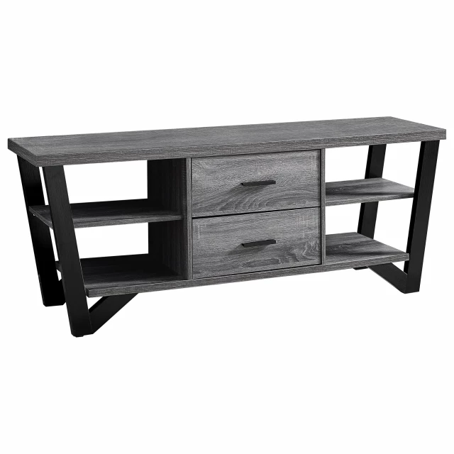 hollow core metal tv stand with drawers and wood plank design