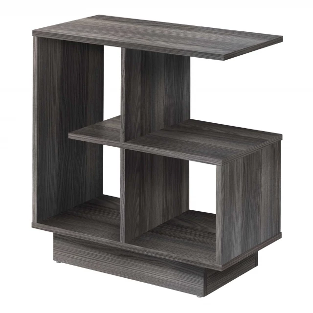 Gray end table with four shelves in hardwood and plywood finish