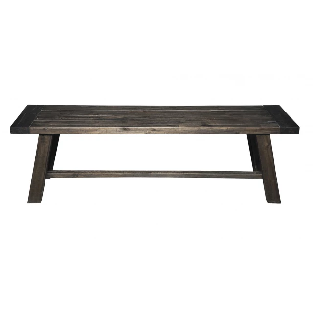 Dark brown distressed wood dining bench with plank design and wood stain finish