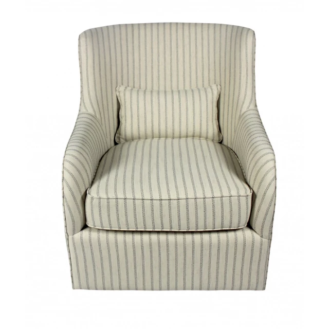 Polyester blend striped swivel lounge chair with armrests and wood accents