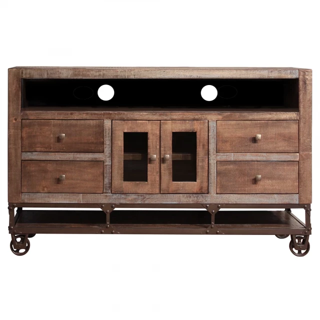cabinet enclosed storage distressed tv stand with wood shelving and drawers
