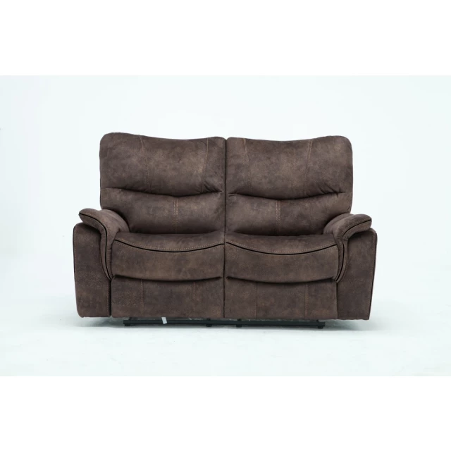 Brown microfiber manual reclining loveseat with comfortable armrests and natural wood accents