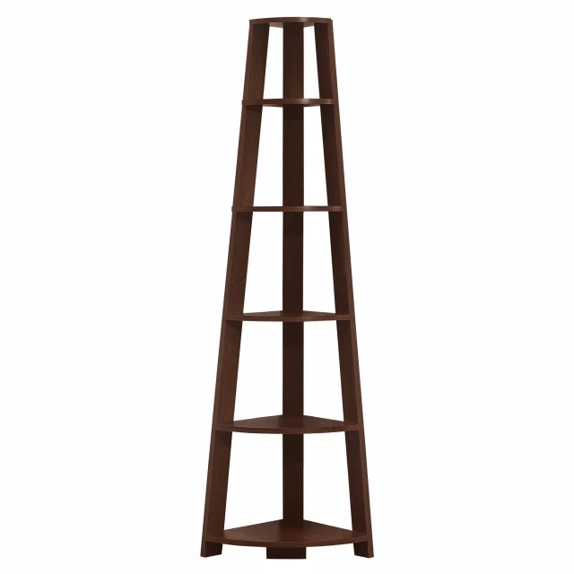 brown wood corner bookcase with shelves for home furniture