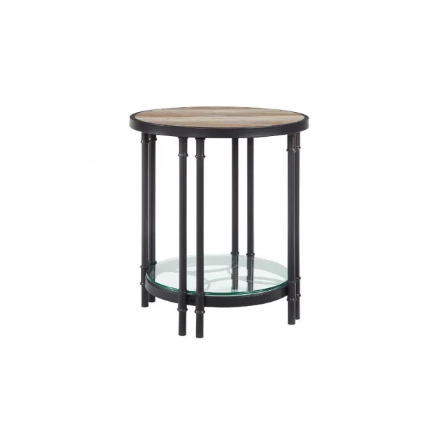 Round wood and metal end table with shelf for modern furniture decor