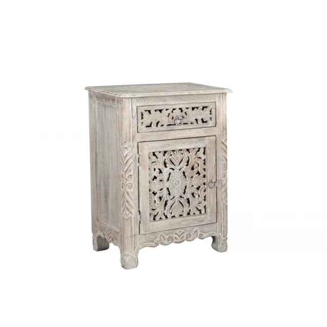 Solid wood nightstand with floral carved pattern and metal accents