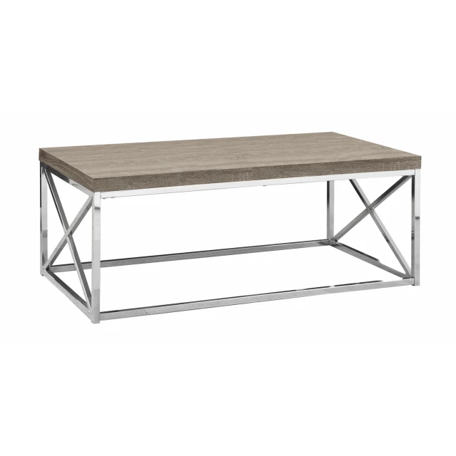 Beige silver iron coffee table with hardwood and plywood details in outdoor setting