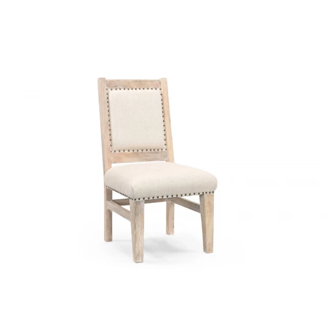 Beige fabric side chair with hardwood legs and natural material design suitable for outdoor use