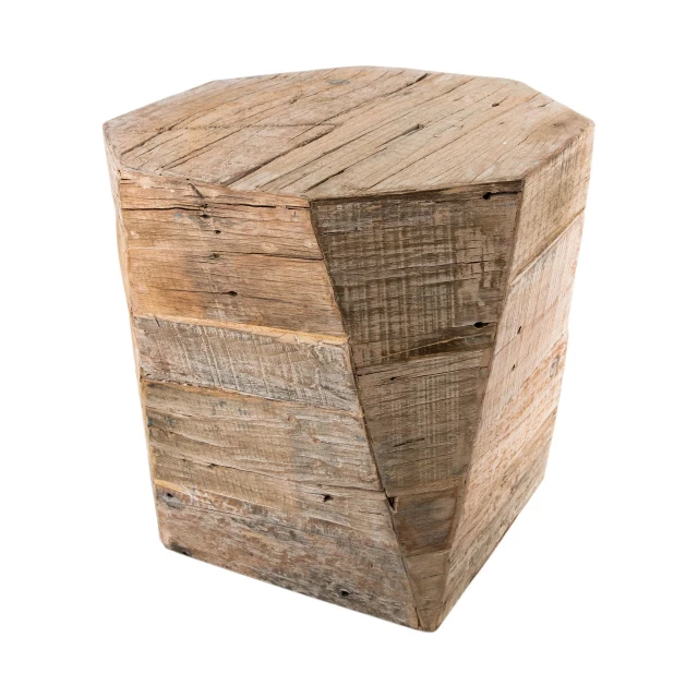 Brown solid wood side table octagonal with wood stain finish and artful basket design elements