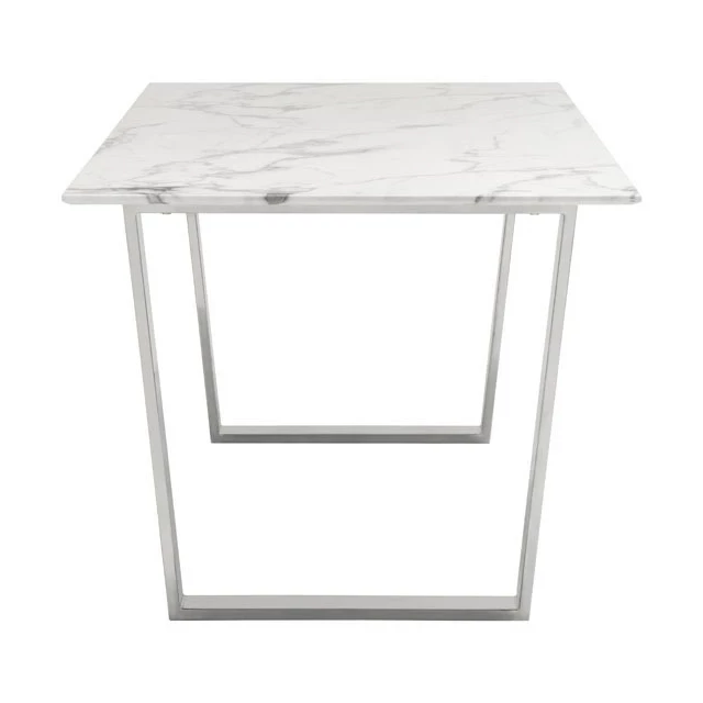 White silver marble steel dining table with wood stain finish