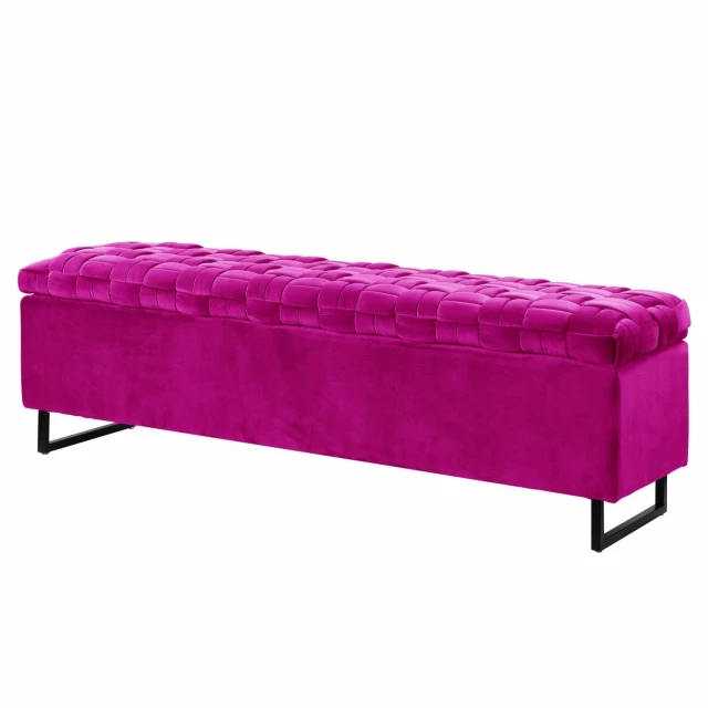 Fuchsia upholstered velvet bench flip in a studio setting with vibrant violet and magenta tones